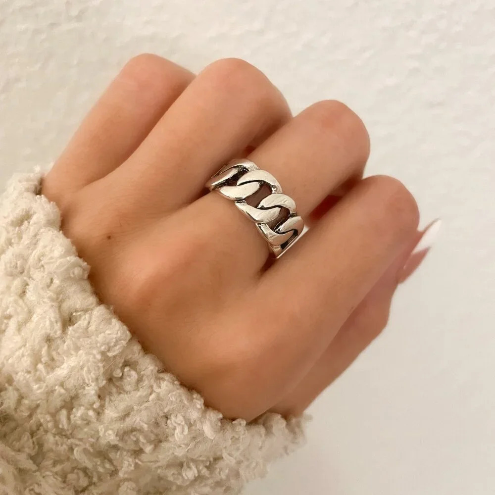 925 Sterling Silver Chunky Ring Curb Chain Ring Thick Wide Ring Band Bold Ring - Picture 3 of 11